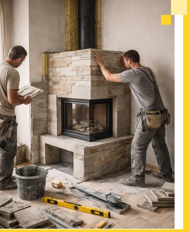 Угловые камины под ключ проект, монтаж и отделка в Нягани